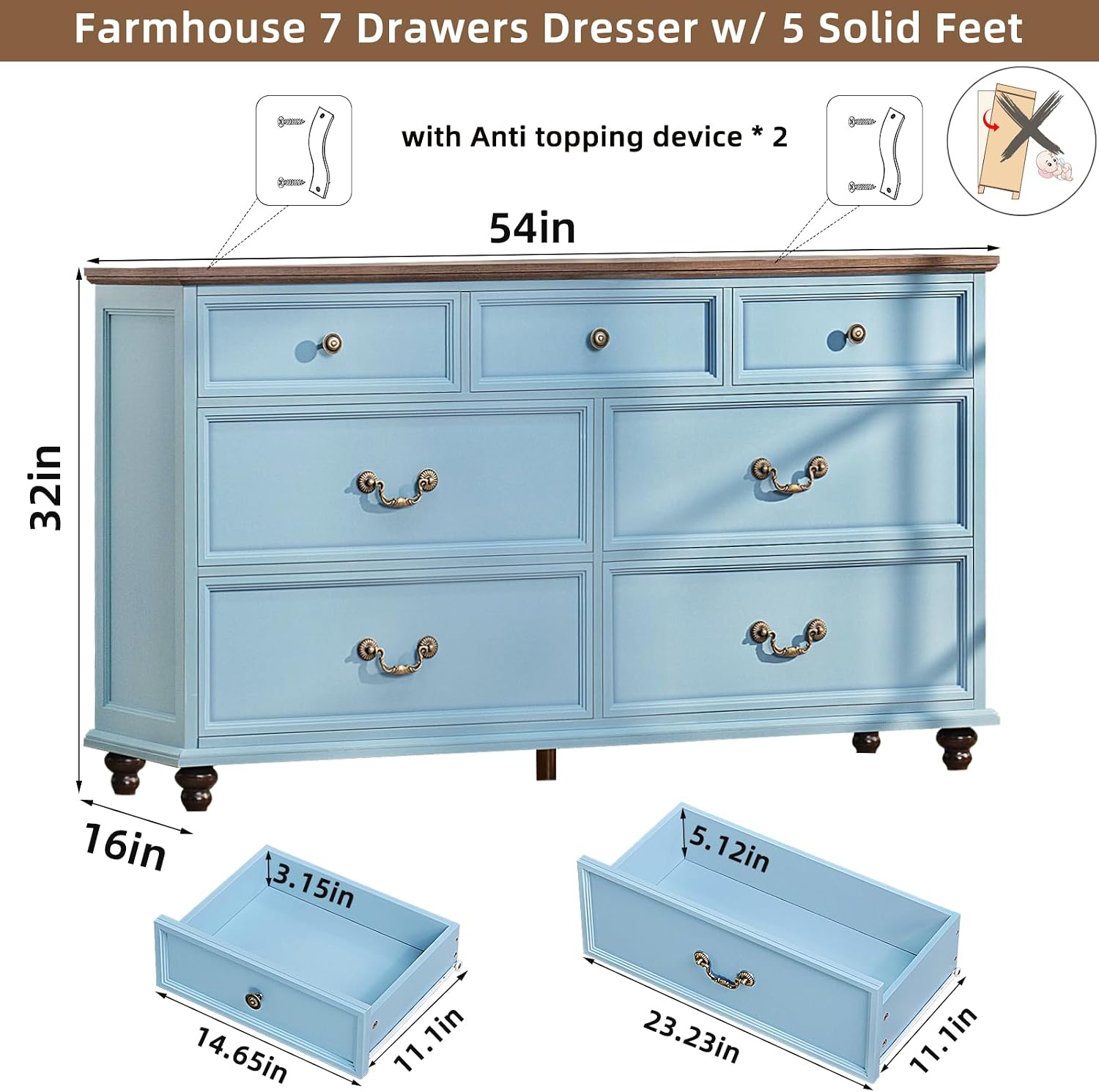 Joaxswe Farmhouse Dresser and Nightstand Sets 3 Piece, Nightstands Set of 2 and 7 Drawers Dressers for Bedroom, 54' Wide Dresser and 24' Inch Night Stand Set for Bedroom, Living Room, Hallway