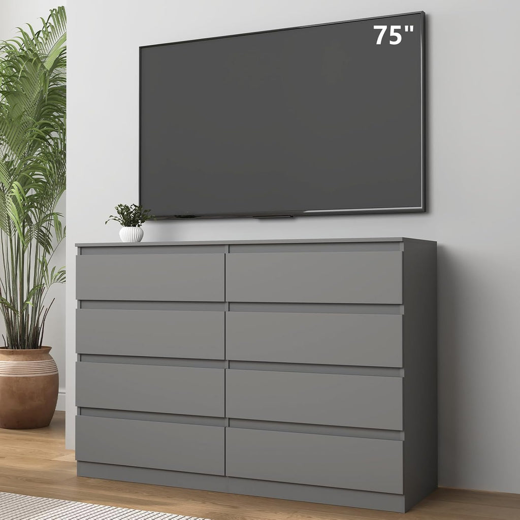 Vibe & Dine 8 Drawer Double Dresser, Modern Chest of Drawers with Wide Storage for Closet, Bedroom, Living Room, Grey