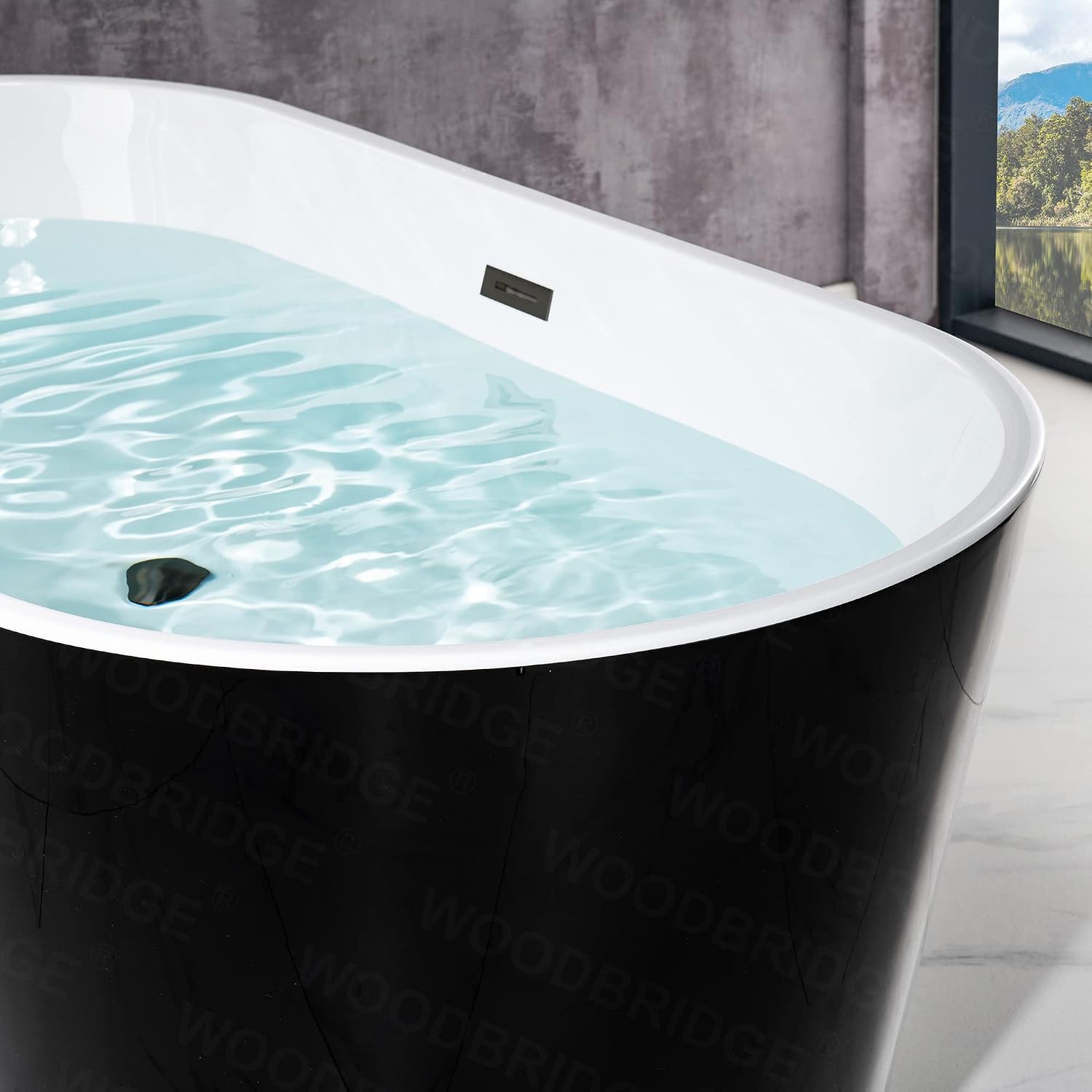 WOODBRIDGE 59' Acrylic Freestanding Bathtub Contemporary Soaking Black Tub with Matte Black Overflow and Drain，B1814-MB