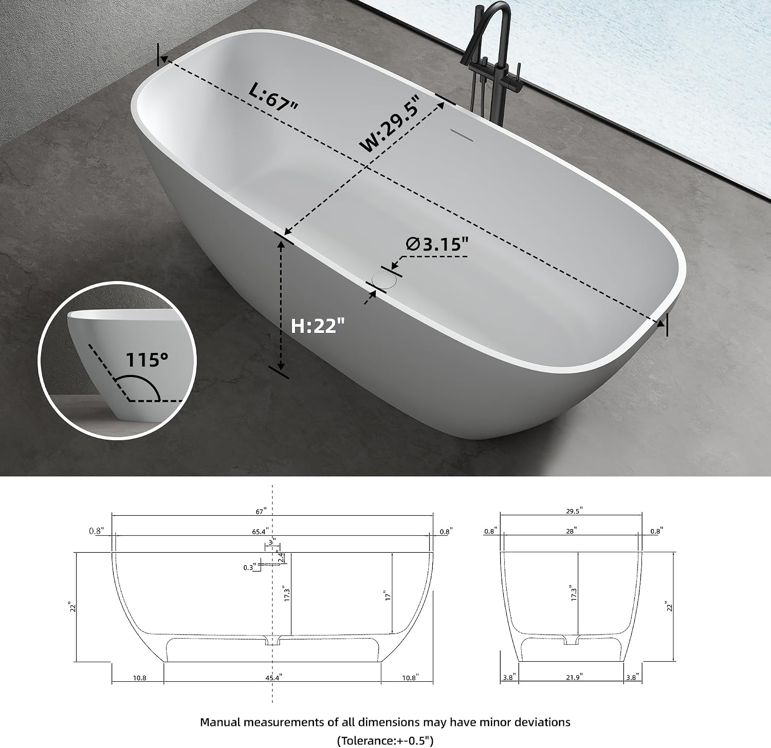 67'' Freestanding Bathtub Resin Stone Deep Soaking Tubs Solid Surface Matte Tub with Overflow and Pop-up Drain