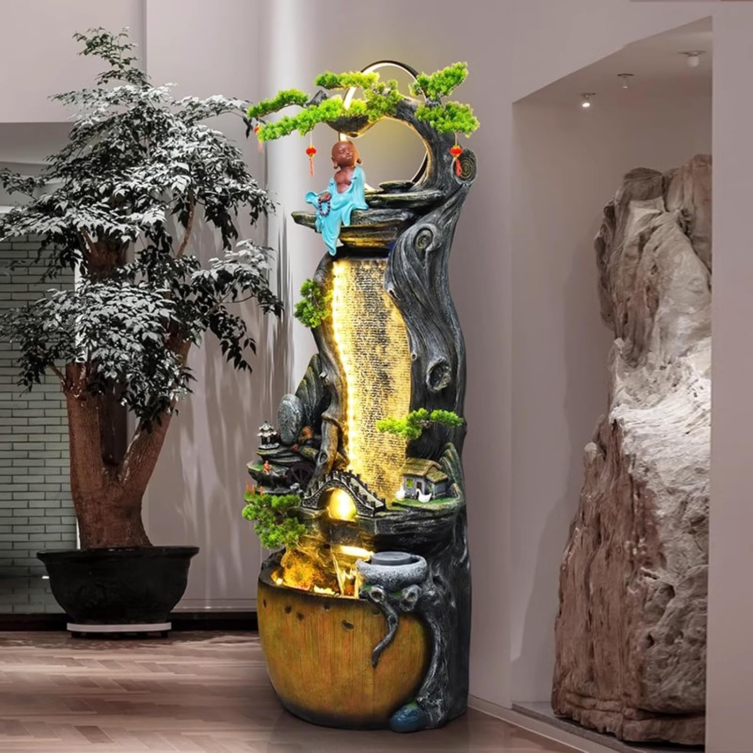 Tabletop Fountain Flowing Water Decorations Circular Floor Ceiling Living Room Office Rockery Housewarming Gift Decorations Pastoral Scenery Floor Ceiling Decorations Tabletop Water Fountain