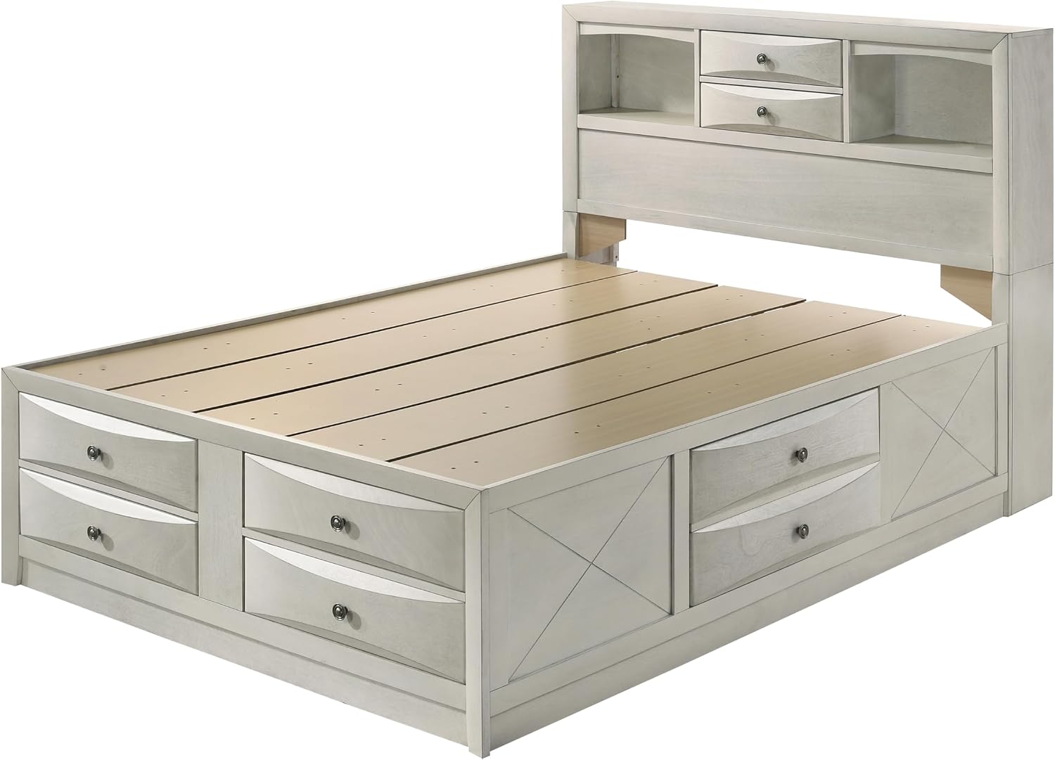 6pc Master Bedroom Set Antique White Finish Solid Wood Platform Queen Size Captain's Bed Wooden Furniture