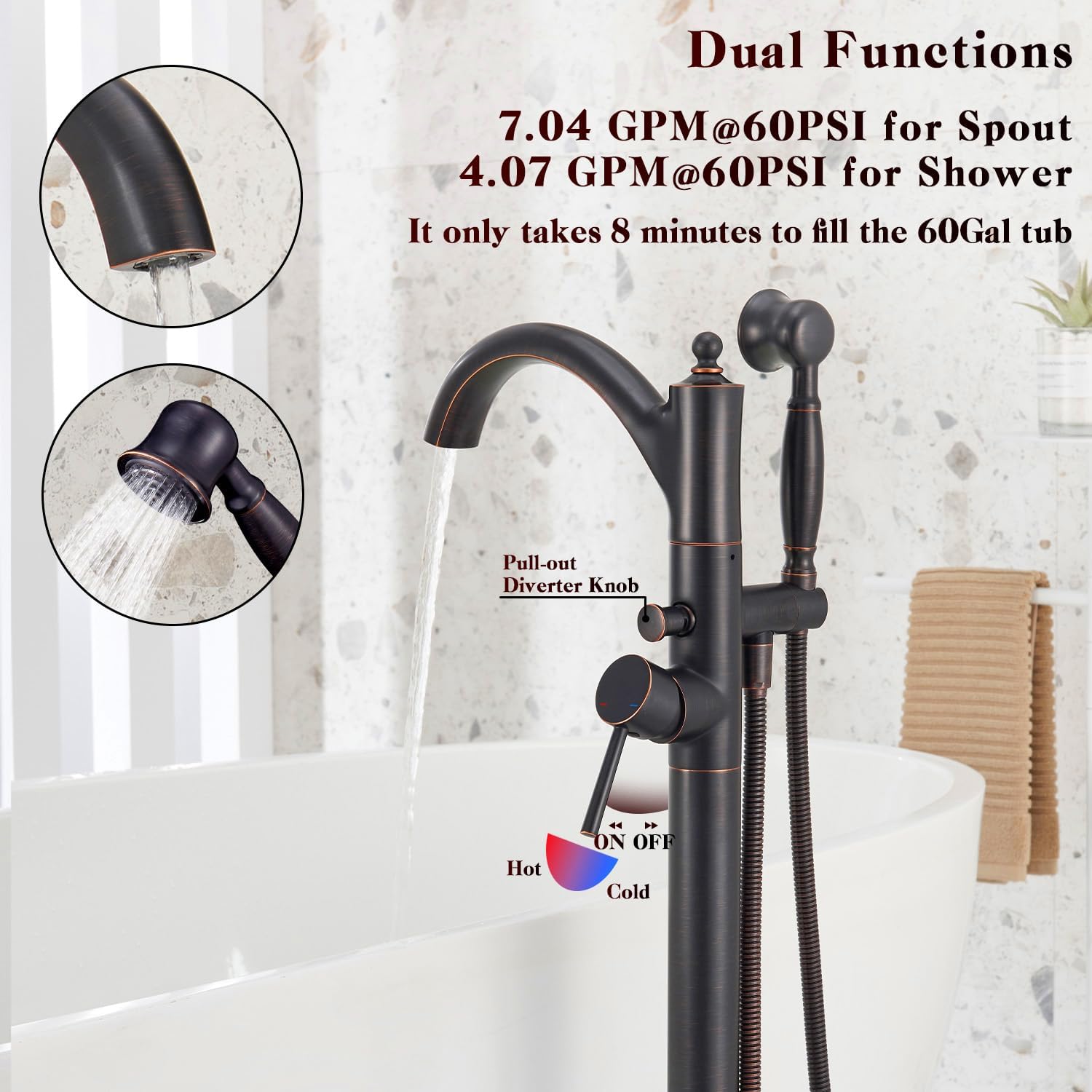 Freestanding Bathtub Faucet, Classic Free Standing Tub Faucet with Retro Handheld Sprayer High Flow Max 7.04GPM Floor Mounted Tub Fillers Swivel Spout Tub Faucets Oil Rubbed Bronze (WT-9002ORB)