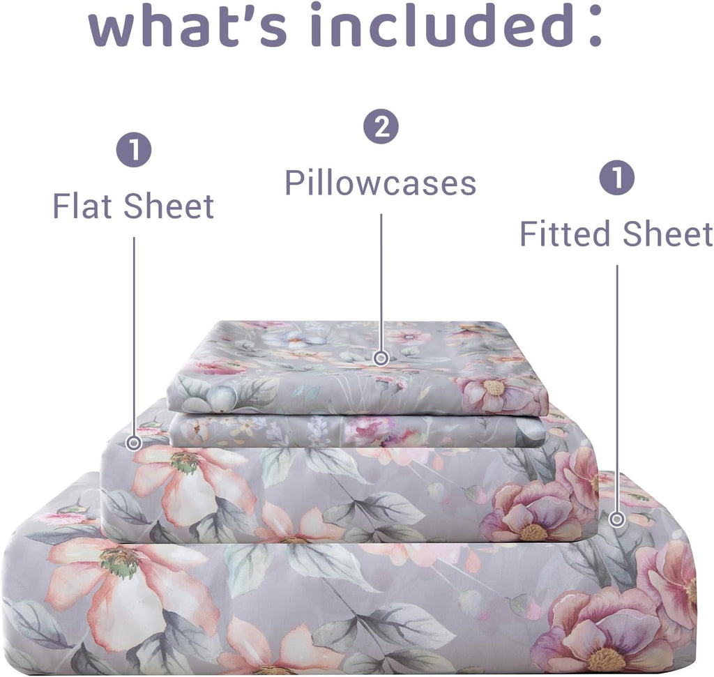 QSH Gray Floral Sheets Queen Size，Egyptian Cotton Sheets Queen Size Set Luxury Silk Feel Flowers Botanical Pattern Printed Bedding Sheet Extra Soft and Breathable 17.5' Deep Pockets Bed Sheet 4pcs