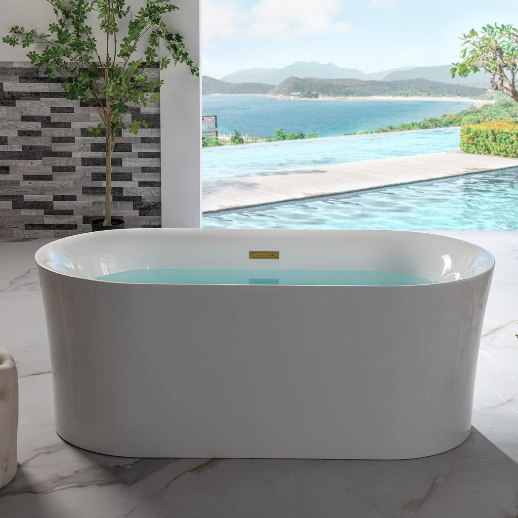 WOODBRIDGE 59' Acrylic Freestanding Bathtub Contemporary Soaking Tub with Brushed Gold Overflow and Drain,White Tub,B0058-BG