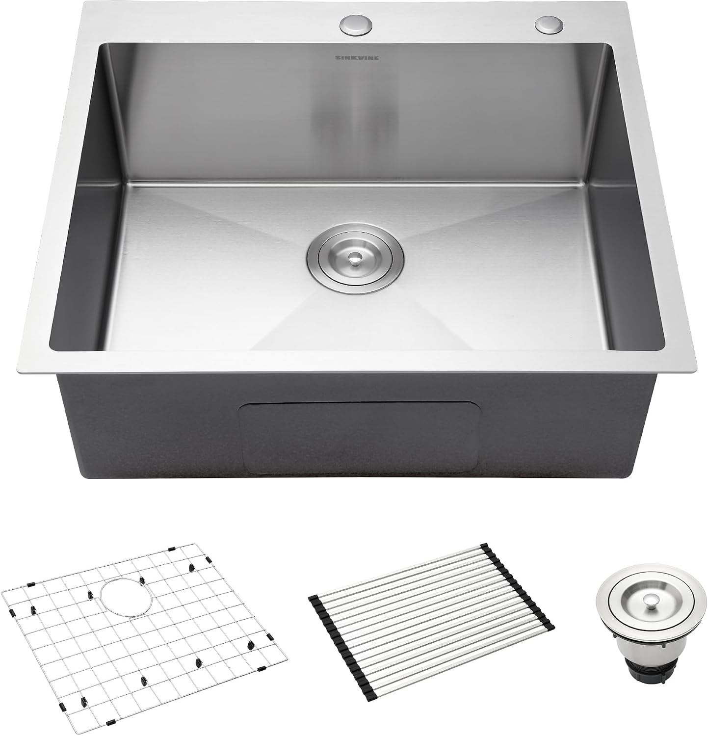 25-Inch Drop-In Kitchen Sink, SINKVINE 25' x 22' Stainless Steel Indoor and Outdoor Sink, Top Mount Large Deep Single Bowl Sink for Laundry Room, with Drain Strainer, Bottom Grid, Roll-up Drying Unit