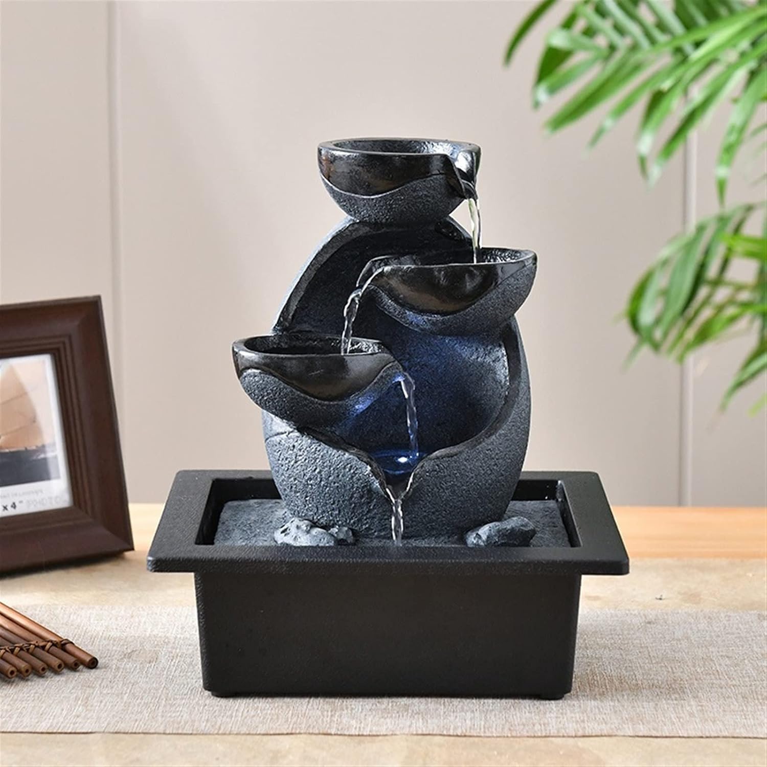 HIHELO Tabletop Fountain Indoor Water Fountain Table Fountain Multi-Color LED Lights for Home Office Soothing Cascading Water Sound Layered Desktop Function Indoor Fountain (Color : E)