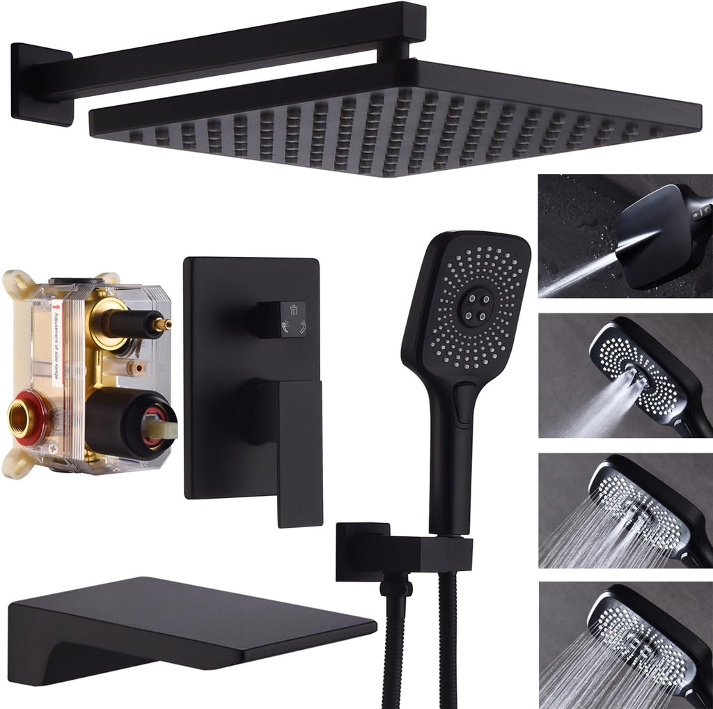 Shower System with Tub Spout 10 Inch Overhead Shower 4 Setting Handheld Spray Rough In Pressure Balance Valve Body with Trim Kit Wall Mounted Rainfall Bathtub Shower Faucet Set (Matte Black)