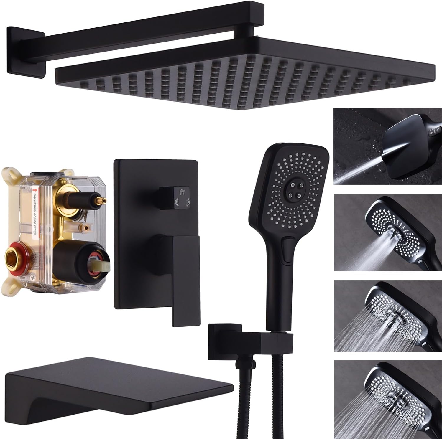 Shower System with Tub Spout 10 Inch Overhead Shower 4 Setting Handheld Spray Rough In Pressure Balance Valve Body with Trim Kit Wall Mounted Rainfall Bathtub Shower Faucet Set (Matte Black)