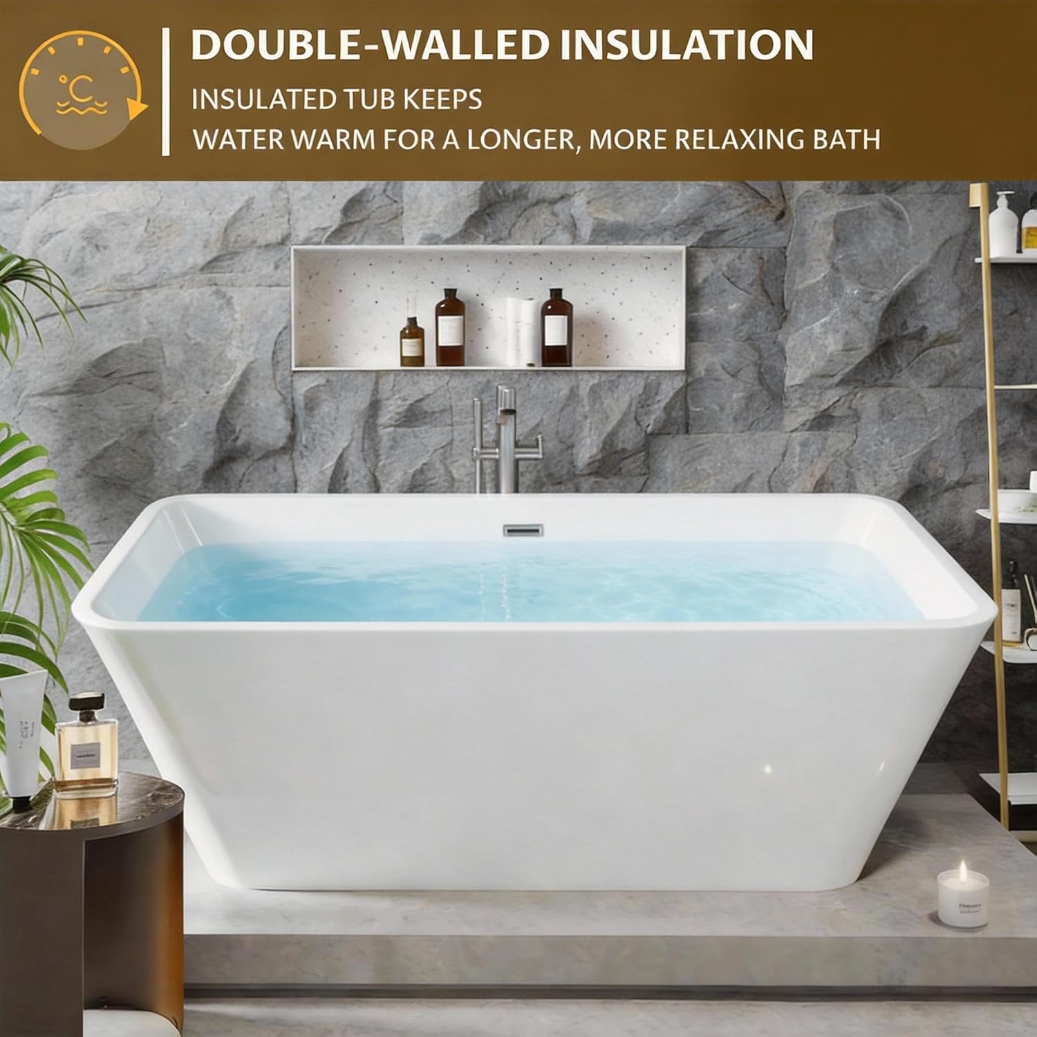 66'Acrylic Freestanding Bathtub, Modern Soaking Tub with Matte Drain and Black Overflow, Glossy White, Deep Ergonomic Design, Double-Walled Insulation, CUPC Certified Bath Tub