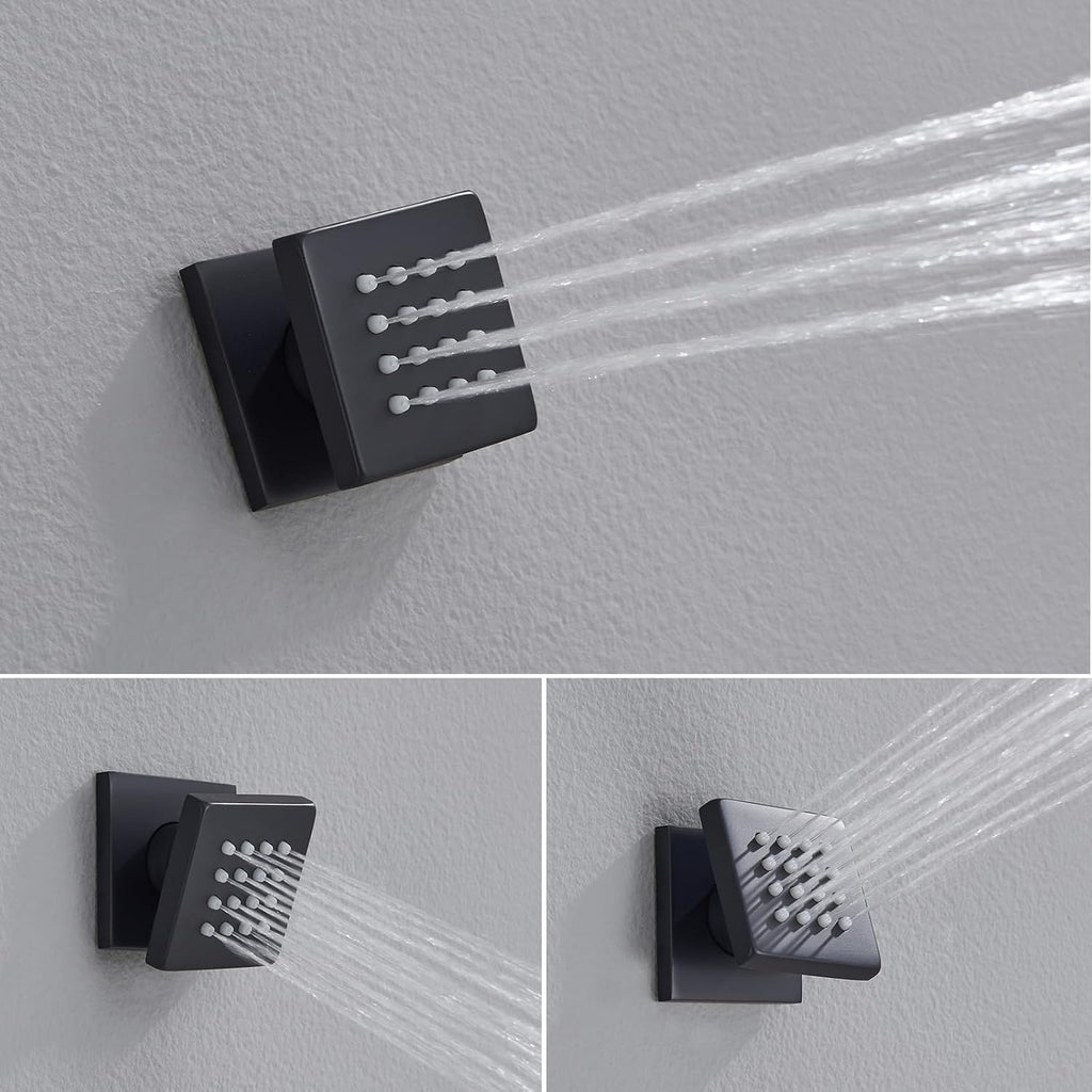 Iriber Mattle Black Square Rain Shower System with 4 PCS Body Jets 3 Function Shower Faucet Set Contain 12 Inch Shower Head and Handheld Wall Mounted Pressure Balance Shower Trim Kit (Valve Included)