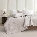 QSH Light Wheat Oversized King Quilt Bedspread Set(120'x120'),3PCs Stonewashed Cotton Ruffled Quilt California King,Ultra Soft Lightweight Crinkled Shabby Farmhouse Chic Bedspread Coverlet Bedding Set