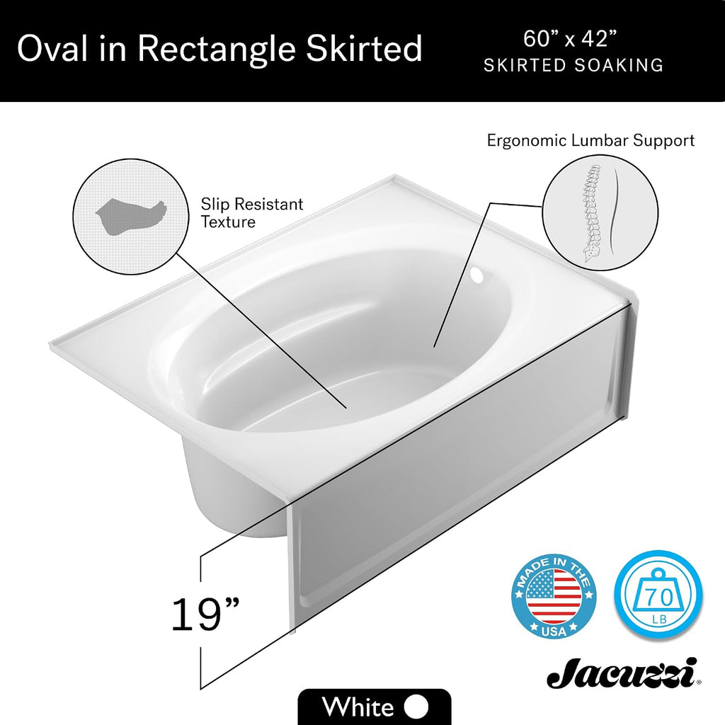JACUZZI SIGNATURE Acrylic Skirted Soaking Bathtub, Slip Resistant, Right Drain Placement, 60' (L) x 42' (W), Oval in Rectangle Design, White