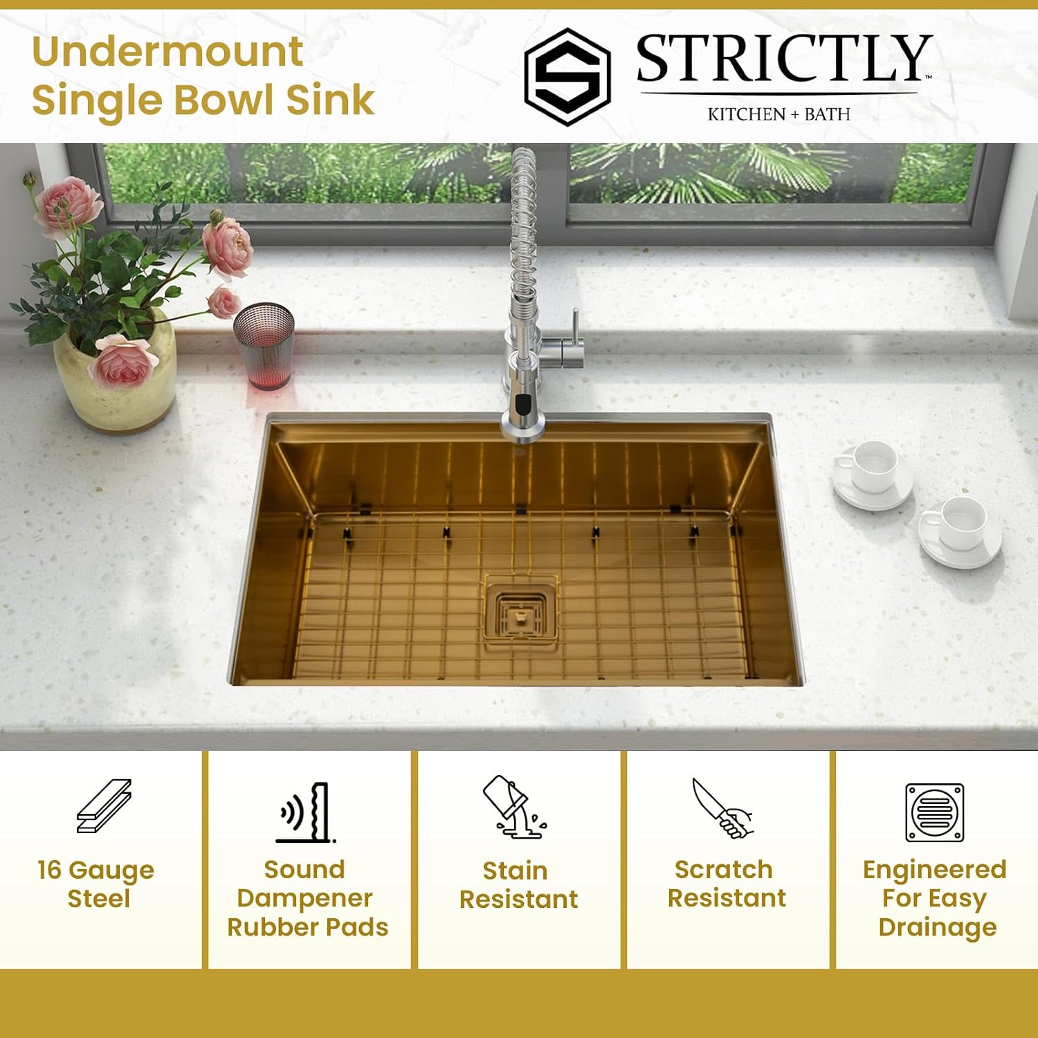Strictly Sinks Undermount Workstation Kitchen Sink – 32 Inch 16 Gauge Embossed Hexagon Texture Gold Kitchen Sink with Grid, Wood Cutting Board, Colander, 1 Strainer Drain & 1 Garbage Disposal Adapter