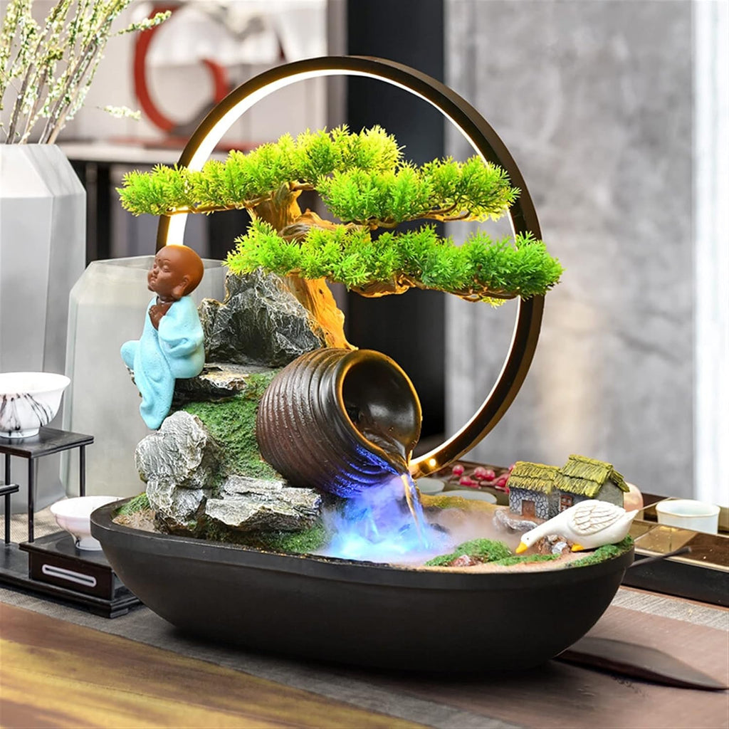 Tabletop Fountain Tabletop Fountains and Waterfalls Resin Tabletop Fountain with Light Indoor Office Rockery and Water Fountain Feng Shui Wheel Lucky Decoration Tabletop Water Fountain