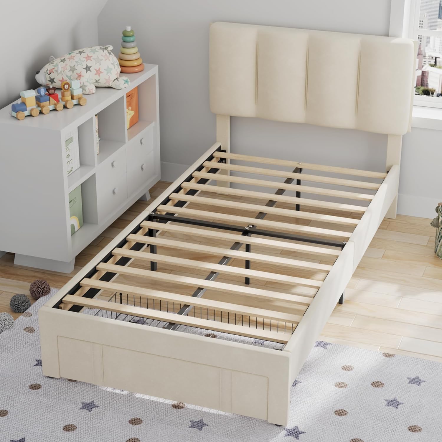 VECELO Twin Bed Frame with Storage Drawer, Heavy-Duty Platform Bedframe with Headboard & Strong Wooden Slats Support, No Boxing Spring Needed, Pala Beige