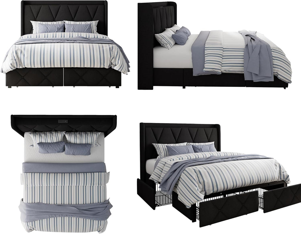 GalnFu Queen Bed Frame with 4 Storage Drawers, Upholstered Platform Bed with Charging Station, Modern Wingback Storage Headboard, Easy Assembly,Noise-Free, Black