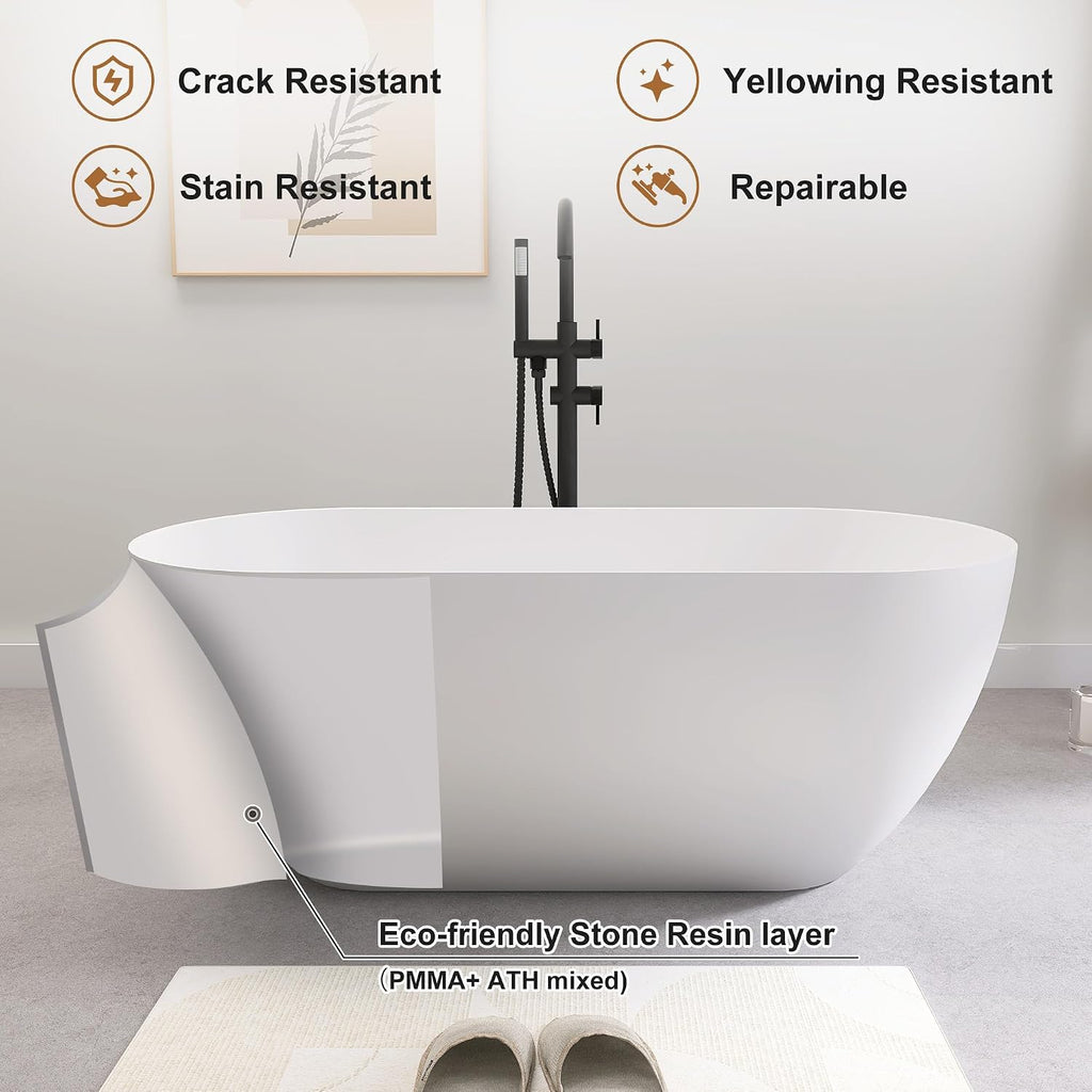 SJ STAR&JANE 51' Solid Surface Freestanding Bathtub, Matte White Oval Soaking Stone Resin Tub with Overflow and Pop-up Drain for Modern Bathrooms