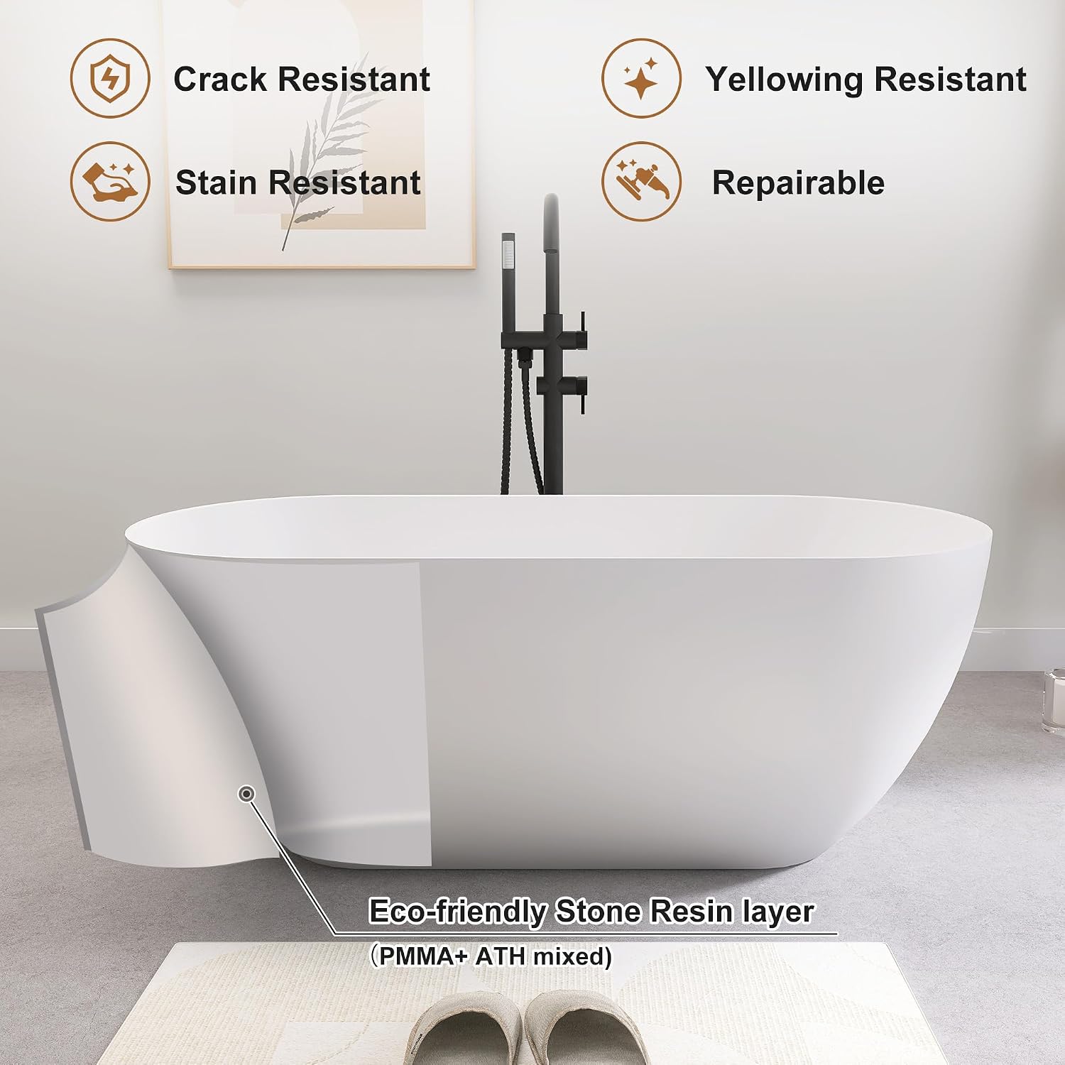 SJ STAR&JANE 51' Solid Surface Freestanding Bathtub, Matte White Oval Soaking Stone Resin Tub with Overflow and Pop-up Drain for Modern Bathrooms