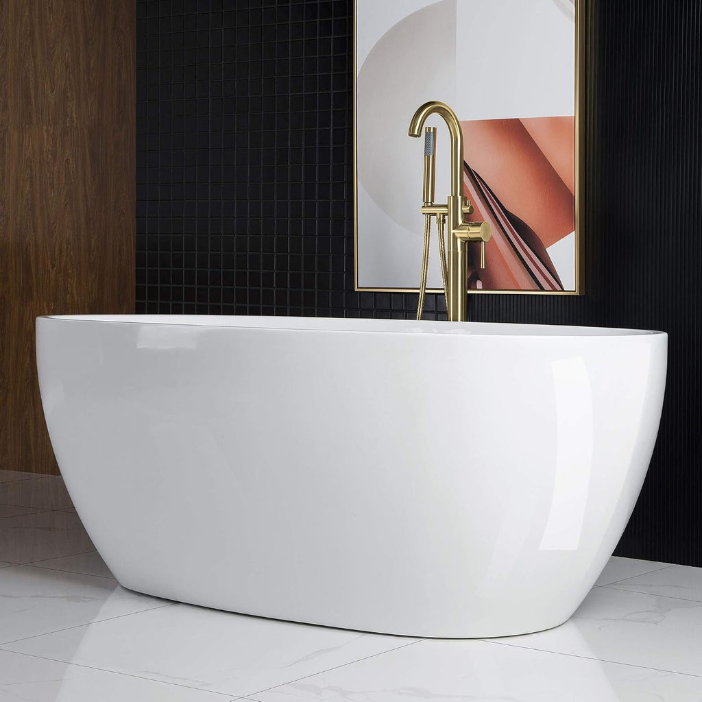 WOODBRIDGE 67' Acrylic Freestanding Bathtub Contemporary Soaking Tub, White Acrylic(Brushed Gold Drain/Overflow),BTA1528-BG