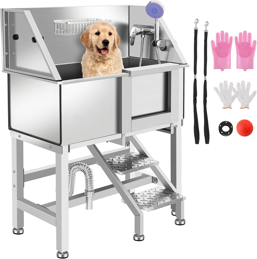 Dog Grooming Tub, L Pet Wash Station, Professional Stainless Steel Pet Grooming Tub With Ramp, Faucet, Sprayer, And Drain Kit