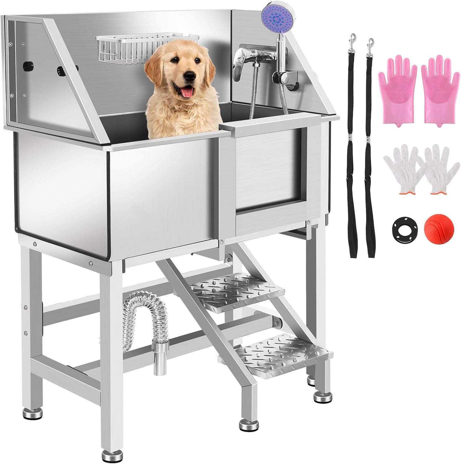 Dog Grooming Tub, L Pet Wash Station, Professional Stainless Steel Pet Grooming Tub With Ramp, Faucet, Sprayer, And Drain Kit