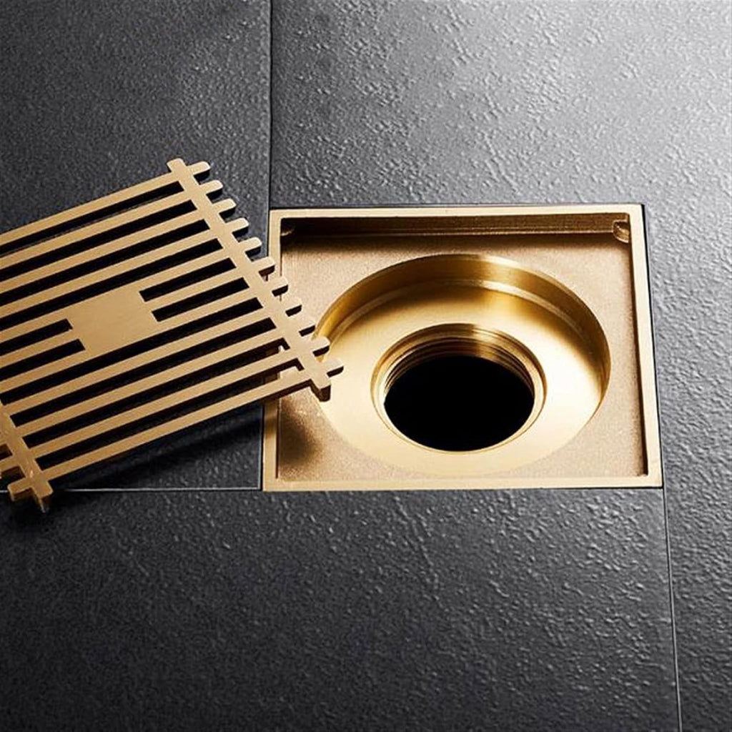 Square Shower Drain with Hair Strainer Brass Floor Drain for Kitchen Washroom Garage Basement Gold Finish 4 Inch