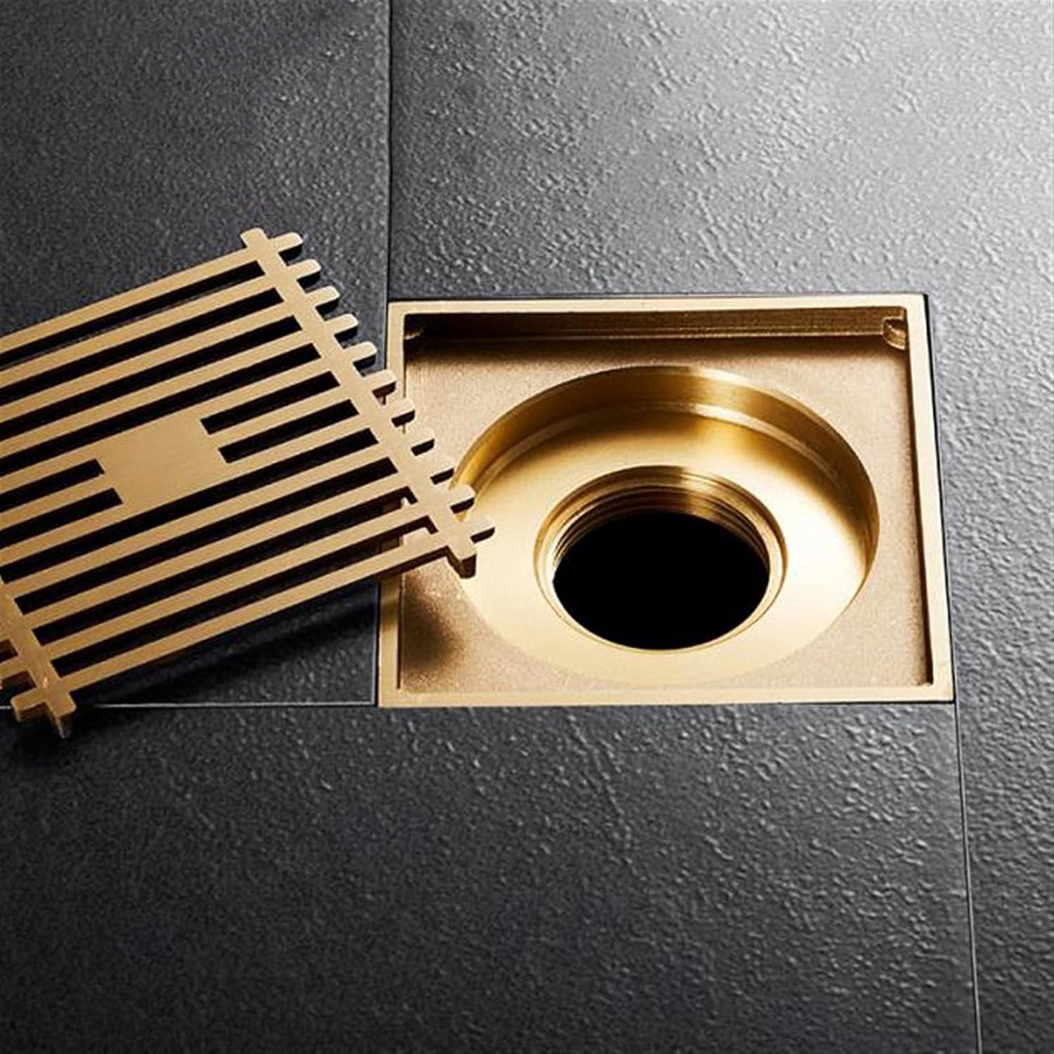 Square Shower Drain with Hair Strainer Brass Floor Drain for Kitchen Washroom Garage Basement Gold Finish 4 Inch