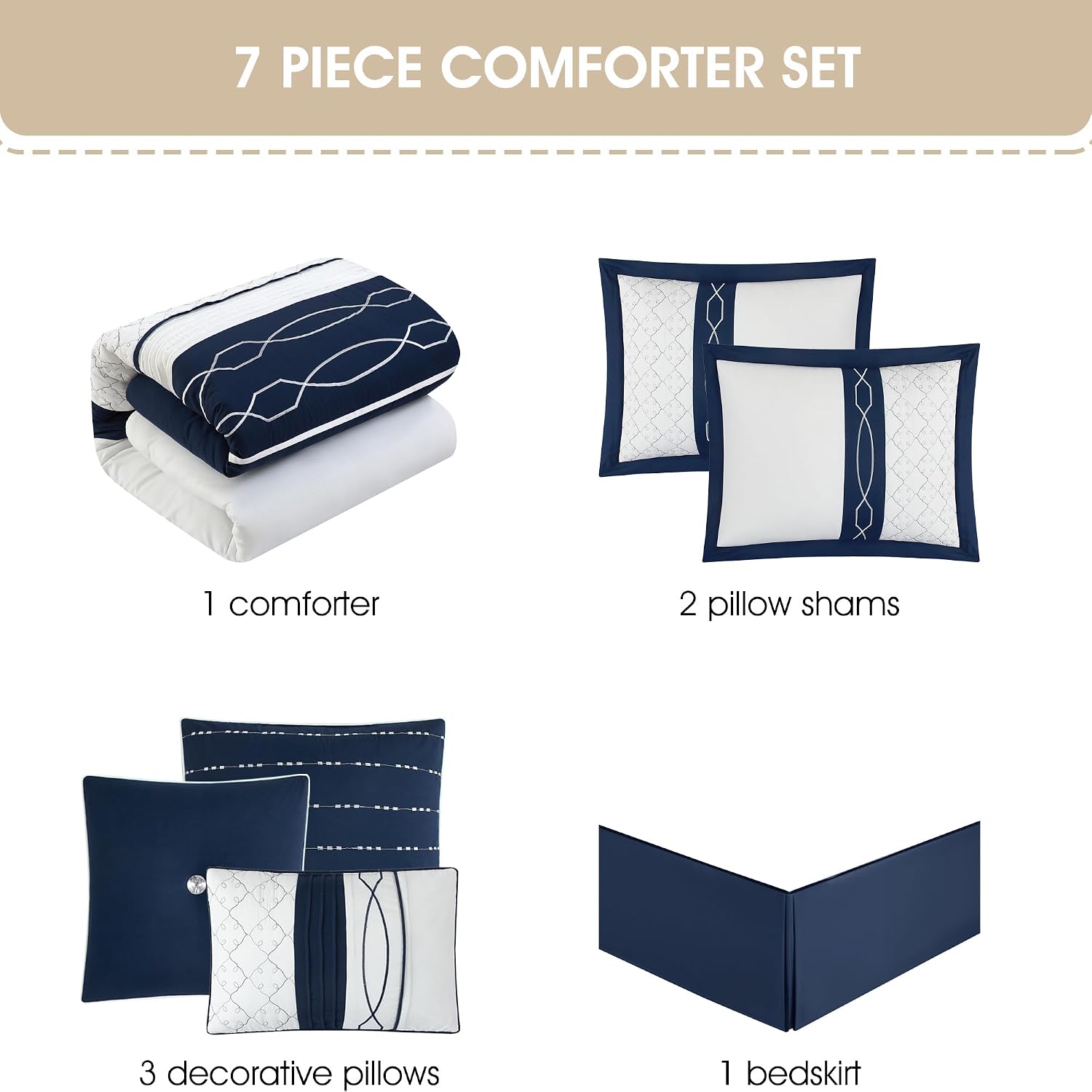 Grand Avenue Navy Geometric Comforter Set, King Size, 7 Piece All Season Bedding Set, Bedskirt, Pillows & Shams, Ultro-Soft Comforter, Home Decor