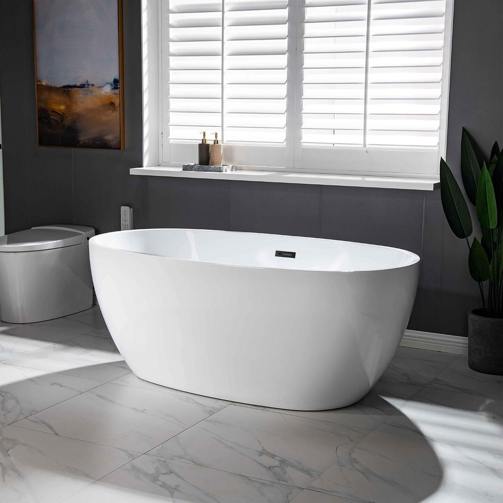 WOODBRIDGE 59' Acrylic Freestanding Bathtub Contemporary Soaking White Tub with Matte Black Overflow and Drain，BTA1518 -MB-Drain &O