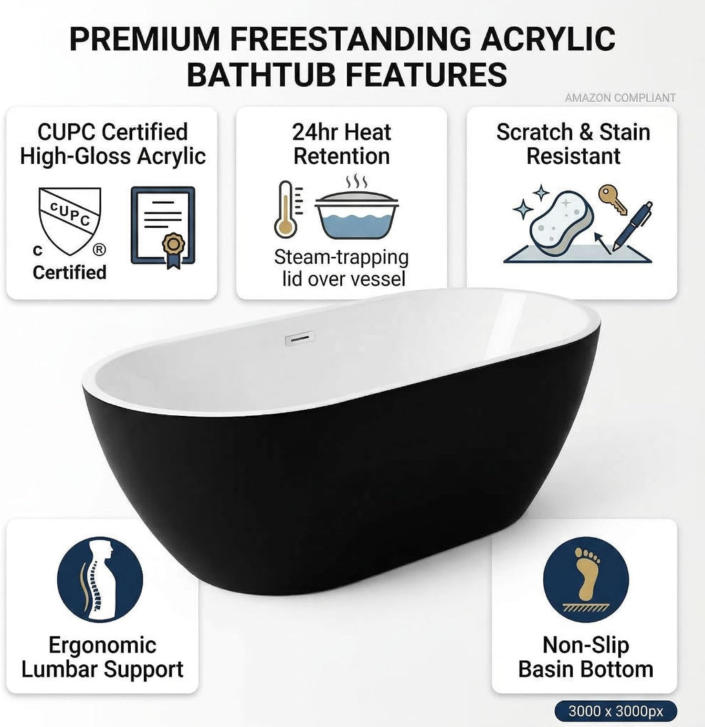GarveeHome 67 Inch Acrylic Freestanding Bathtub, Deep Soaking Tub with White Interior Black Exterior, Modern Oval Stand Alone Bath Tub for Bathroom, Non-Slip, Easy Install, Chrome Overflow & Drain