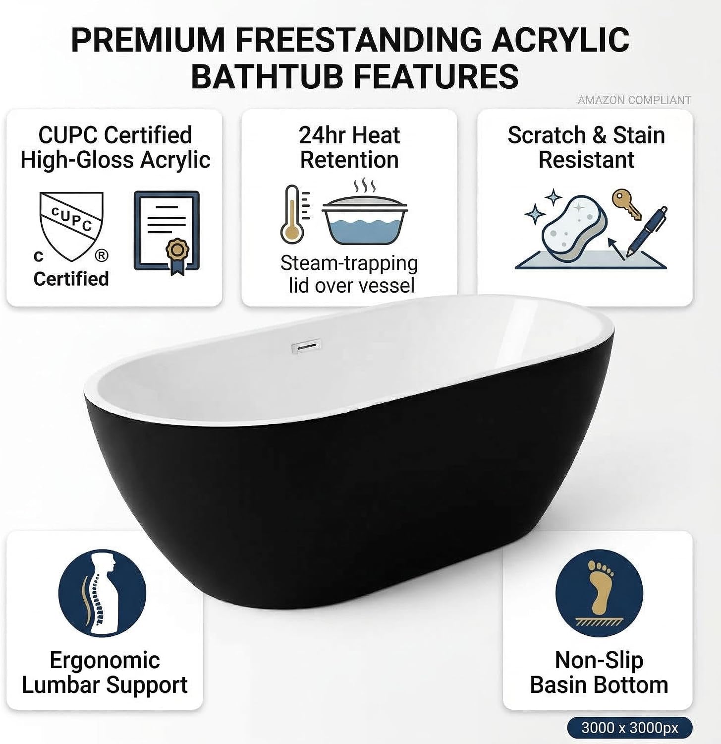 GarveeHome 67 Inch Acrylic Freestanding Bathtub, Deep Soaking Tub with White Interior Black Exterior, Modern Oval Stand Alone Bath Tub for Bathroom, Non-Slip, Easy Install, Chrome Overflow & Drain