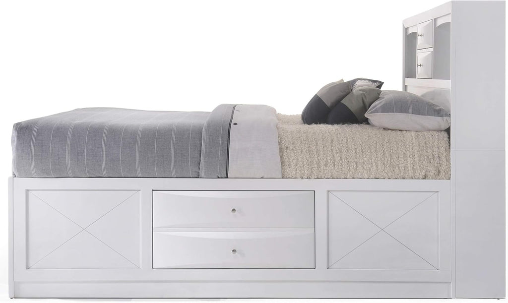 Queen Bed with Storage, Solid Wood Queen Size Bed Frame with Headboard (2 Bookcase, 2 Drawers), Footboard (4 Drawers), Rail with 2 Drawers, Wooden Slat, No Box Spring Needed, White