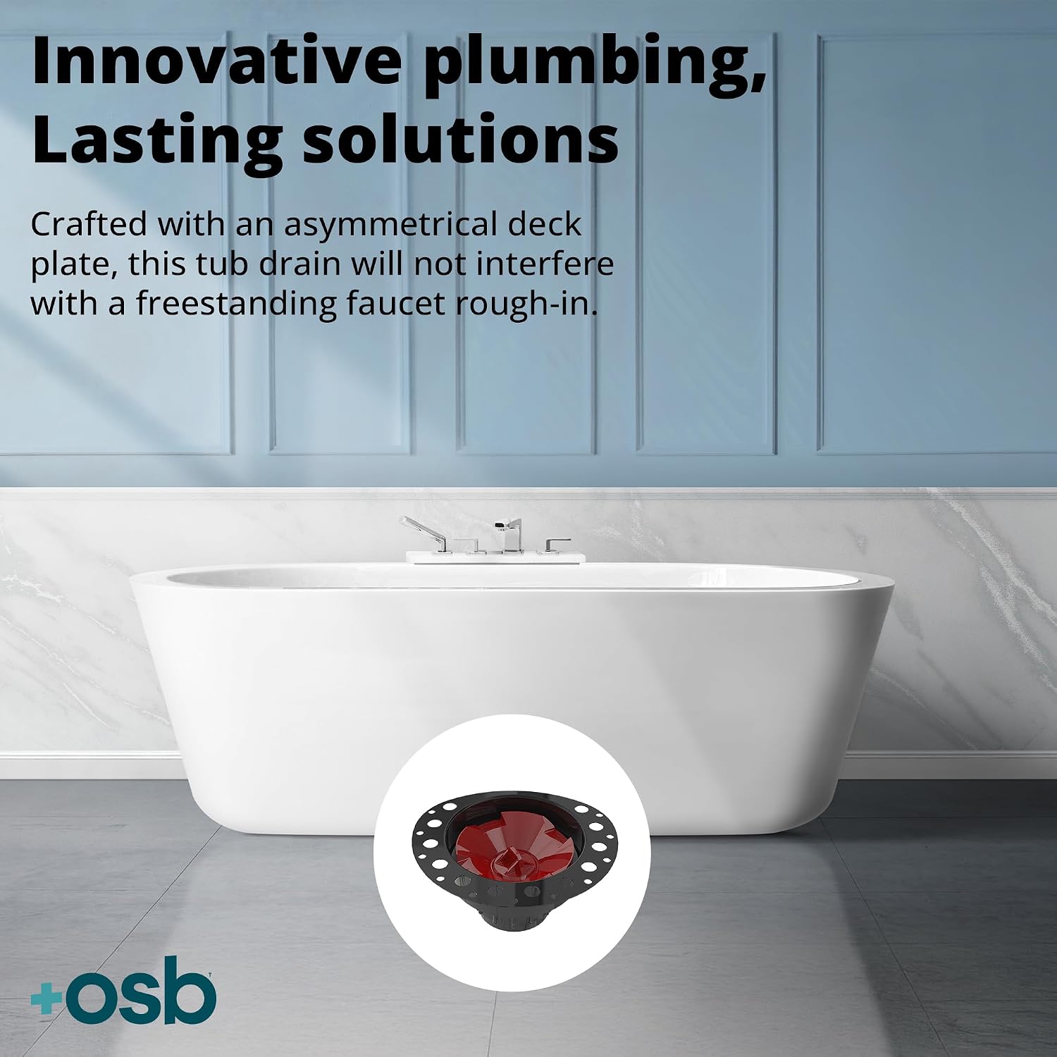 OS&B ITD35 - Two Piece ABS Pipe Freestanding Tub Drain Kit & Rough-In - Easy Installation, Asymmetrical Deck Plate, Water, Air, & Smoke Testable - Designed for 8'/10' Joist Spaces & Tight Bathrooms