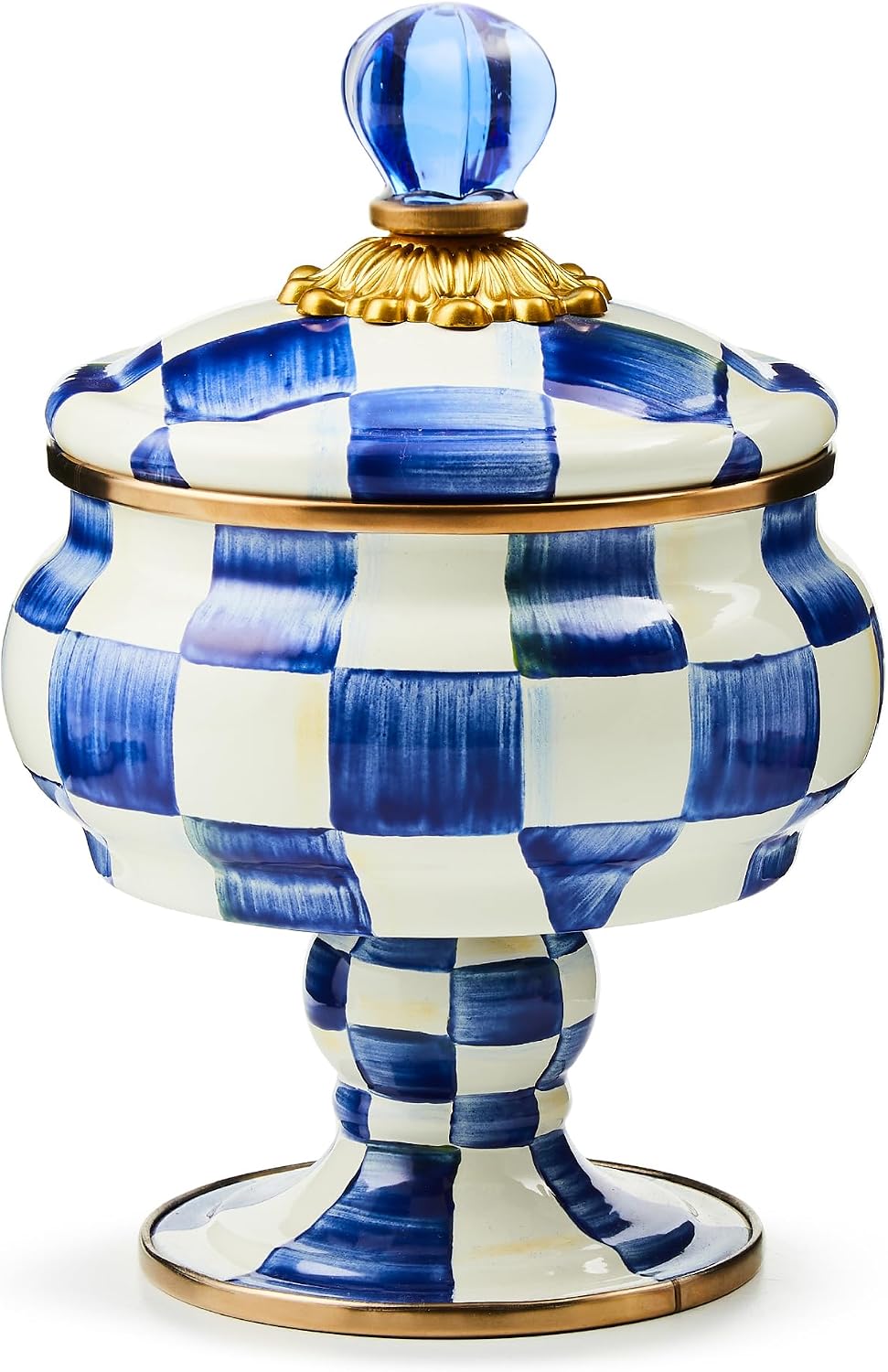 MACKENZIE-CHILDS Enamel Curiosity Pot, Decorative Container for Home Decor, Blue-and-White Royal Check