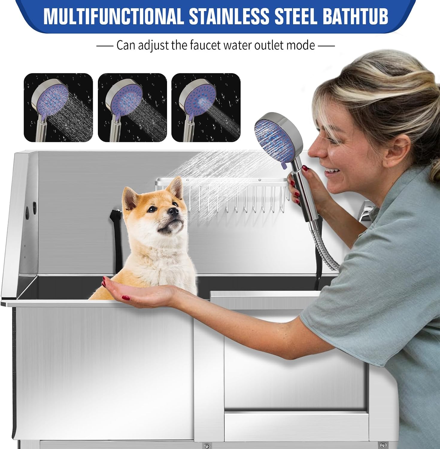 Dog Grooming Tub, L Pet Wash Station, Professional Stainless Steel Pet Grooming Tub With Ramp, Faucet, Sprayer, And Drain Kit