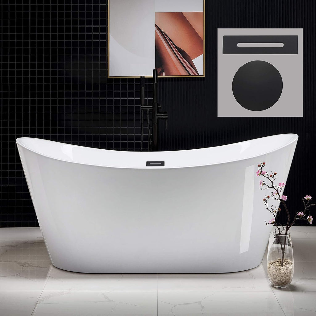 WOODBRIDGE 67' Acrylic Freestanding Bathtub Contemporary Soaking White Tub with Matte Black Overflow and Drain，BTA1515-MB-Drain&O