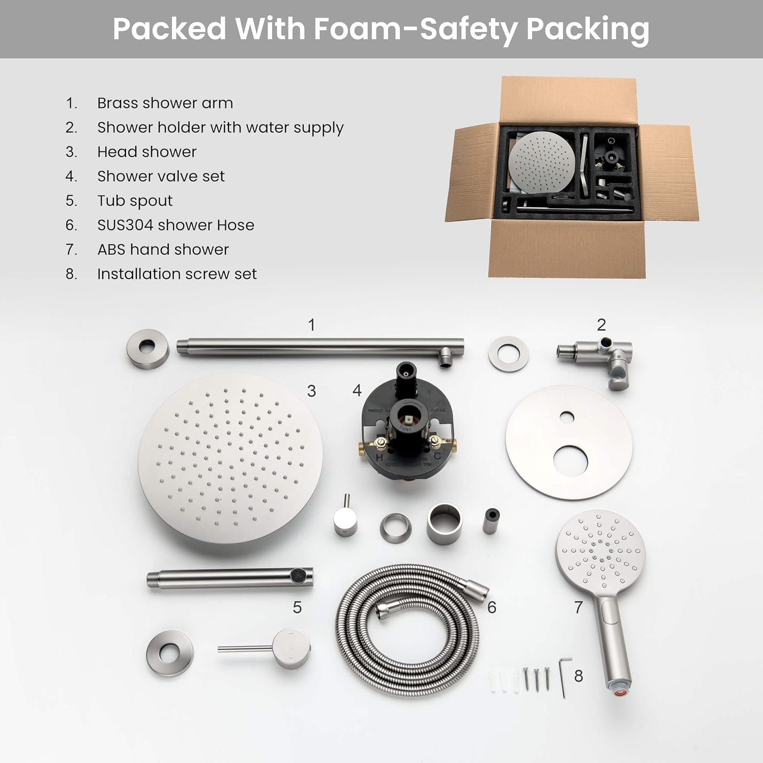 KIBI Circular Bathroom Shower System | 3-Function Wall Mounted Shower Faucet Set with Solid Brass Pressure Balanced Valve | Three Hand Shower Modes | 15-inch Long Shower Arm | Brushed Nickel (KSF404)