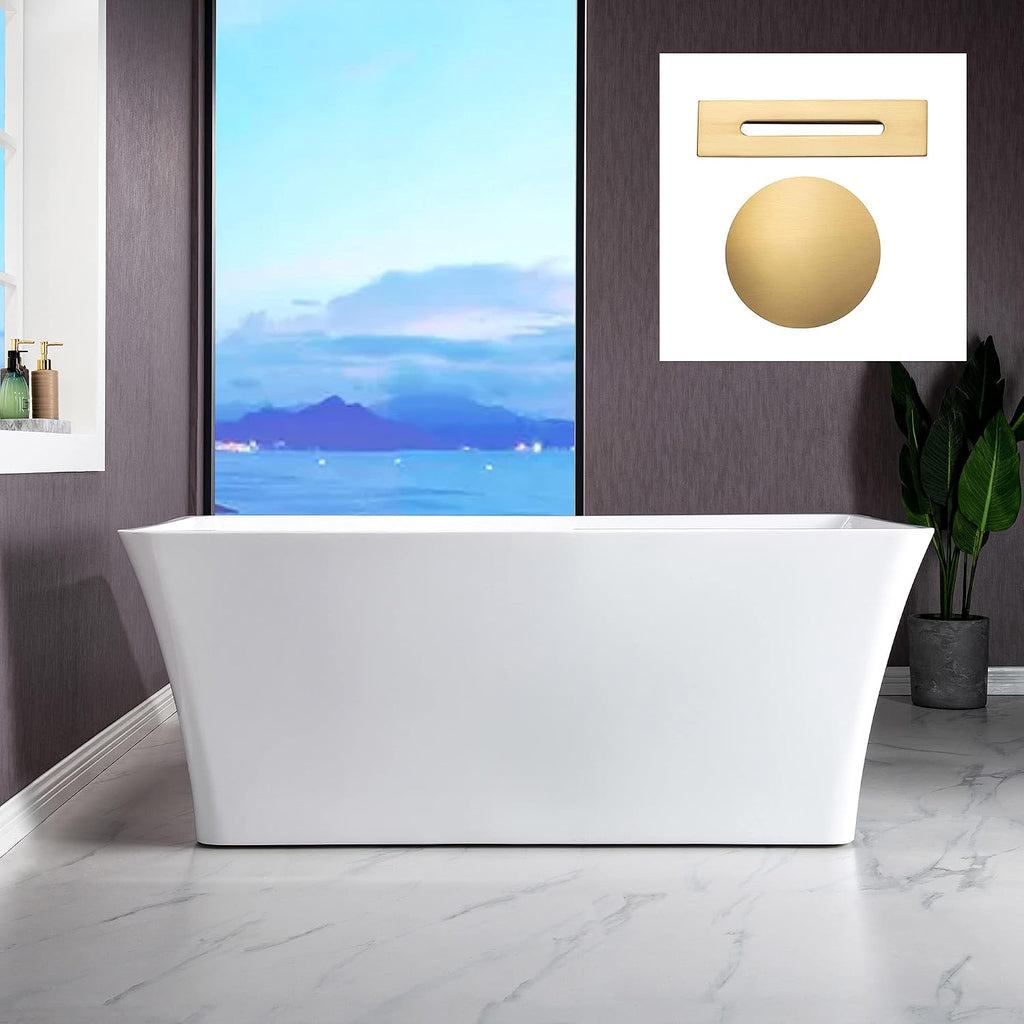 WOODBRIDGE 59' Freestanding White Acylic Soaking Bathtub with Brushed Gold Drain and Overflow,BTS1509-BG-Drain&O