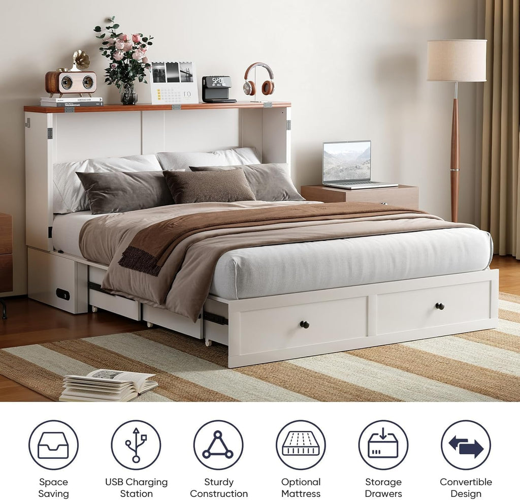 ijuicy Full Size Murphy Bed with Mattress & Extra Large Drawers, Multifunctional Cabinet Bed with USB Charging Station, Farmhouse Murphy Beds Chest for Home (Mattress Included, White & Brown)
