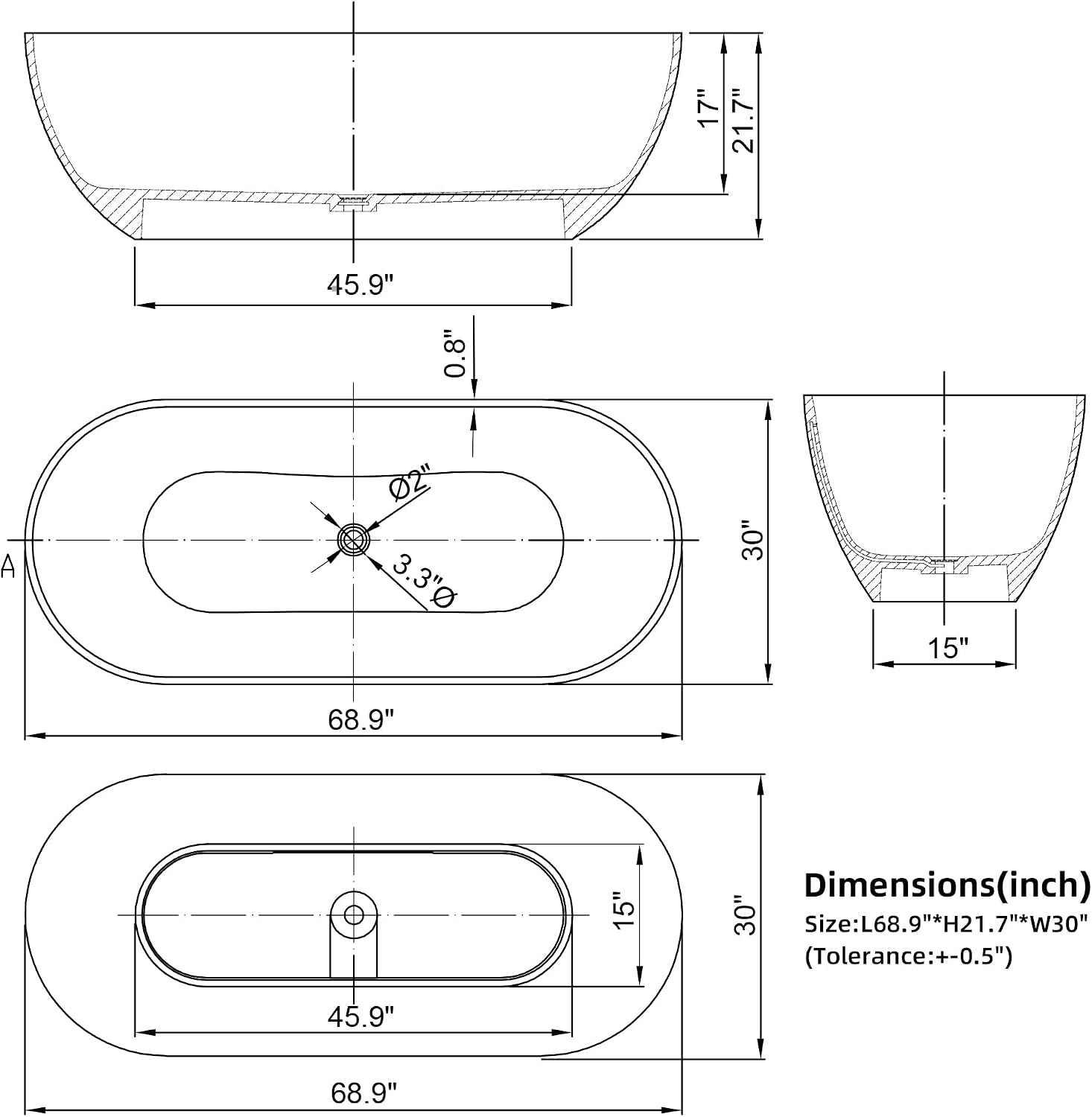 69'' Grey Freestanding Tubs Bathtub Solid Surface Resin Stone Bathtubs soaker Tubs Oval Shaped Matte Luxury Modern Soaking Tub with Overflow and Pop-up Drain