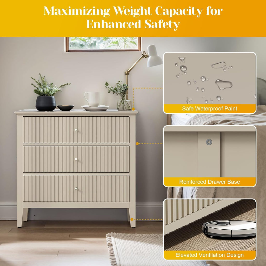 May in Color Large Beige Fluted 3 Drawer Dresser Set of 2, Chest of Drawers with Ball Bearing Slide Modern 30 inch Tall Wood Nightstand with Spacious Storage for Bedroom Hallway Living Room Entryway