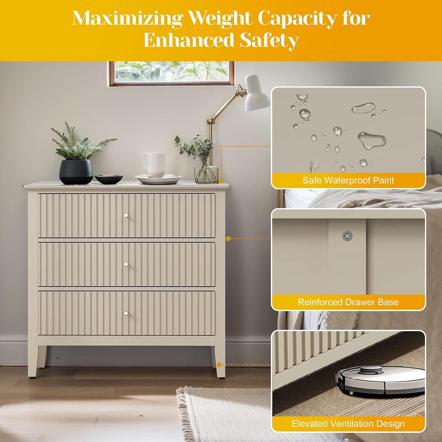 May in Color Large Beige Fluted 3 Drawer Dresser Set of 2, Chest of Drawers with Ball Bearing Slide Modern 30 inch Tall Wood Nightstand with Spacious Storage for Bedroom Hallway Living Room Entryway