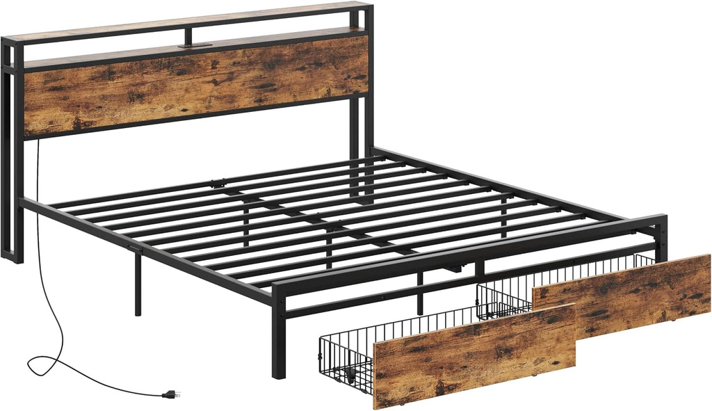 LIKIMIO California King Bed Frame with Storage Headboard, Platform Bed with Drawers and Charging Station, No Box Spring Needed, Easy Assembly, Vintage Brown