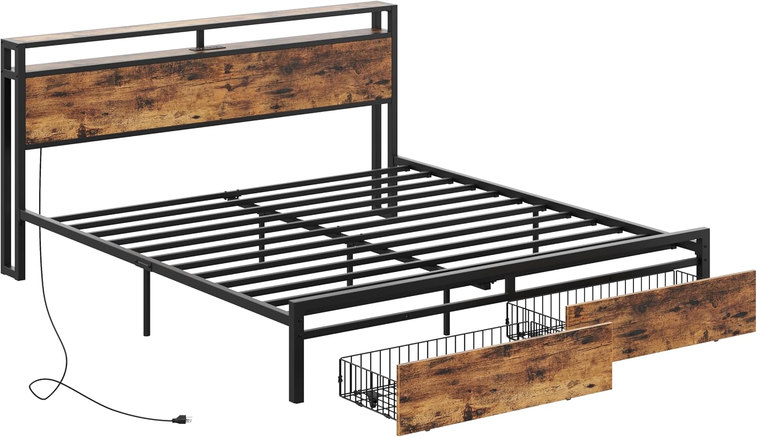LIKIMIO California King Bed Frame with Storage Headboard, Platform Bed with Drawers and Charging Station, No Box Spring Needed, Easy Assembly, Vintage Brown