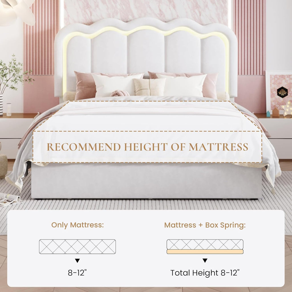 SHA CERLIN Upholstered Full Size Bed Frame with LED Lights and Large Storage Drawer, Velvet Platform Bed with Adjustable Wavy Headboard, Noise Free, Easy Assembly, No Box Spring Needed, Soft White