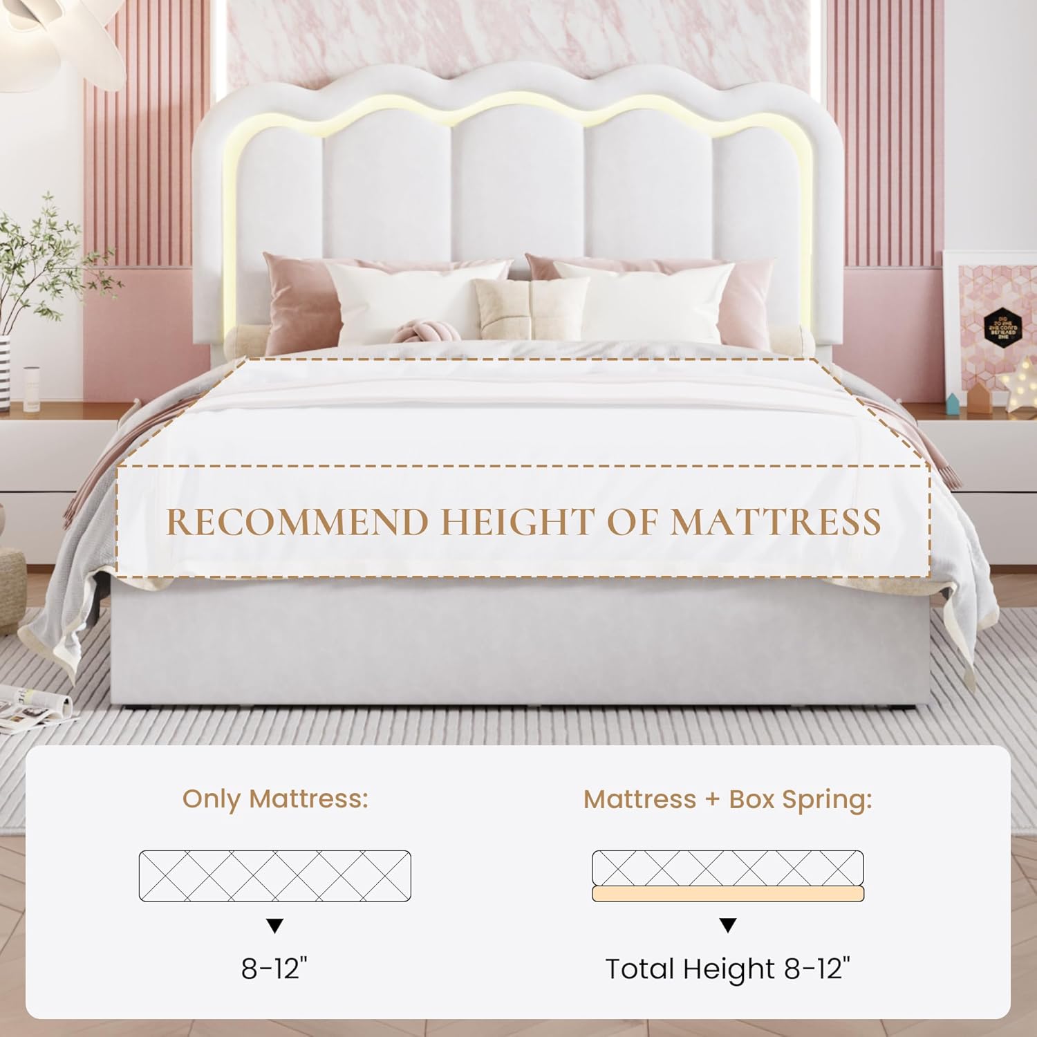 SHA CERLIN Upholstered Full Size Bed Frame with LED Lights and Large Storage Drawer, Velvet Platform Bed with Adjustable Wavy Headboard, Noise Free, Easy Assembly, No Box Spring Needed, Soft White