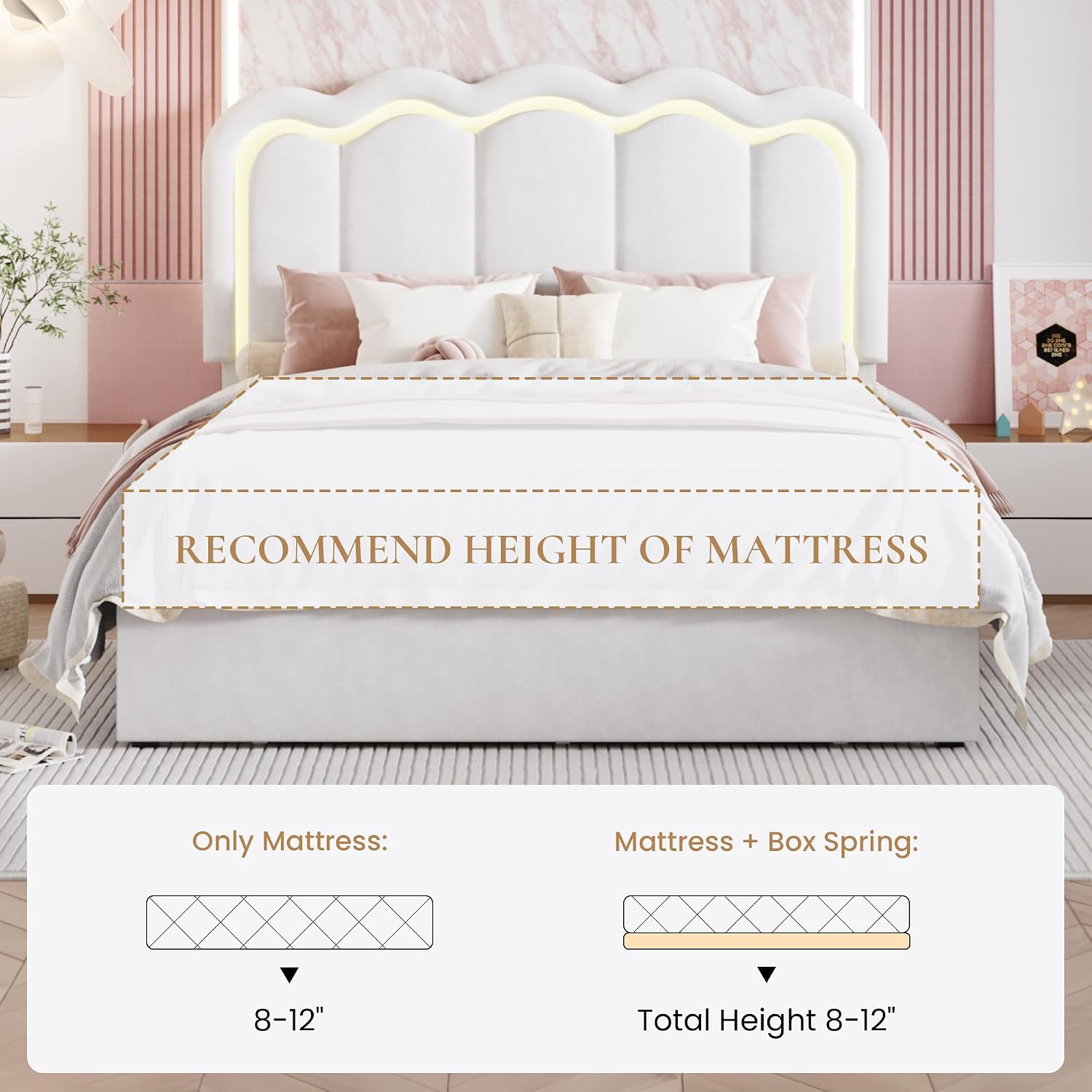 SHA CERLIN Upholstered Queen Size Bed Frame with LED Lights and Large Storage Drawer, Velvet Platform Bed with Adjustable Wavy Headboard, Noise Free, Easy Assembly, No Box Spring Needed, Soft White