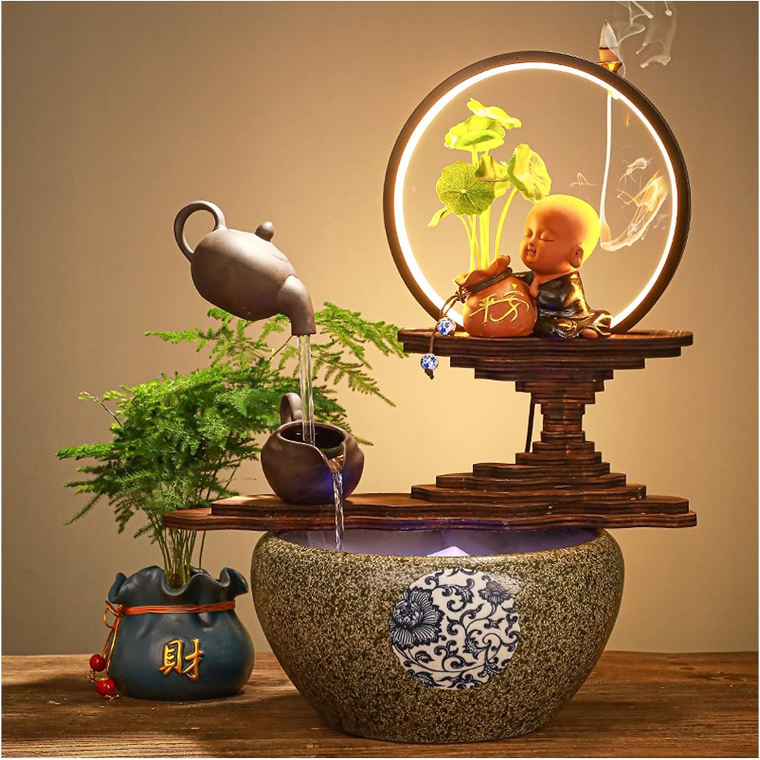 HIHELO Indoor Tabletop Waterfall Fountain Tabletop Fountain with Light Office Home Desk Decoration Tabletop Ornaments Desktop Flowing Water Waterfall Fountain Meditation Fountain