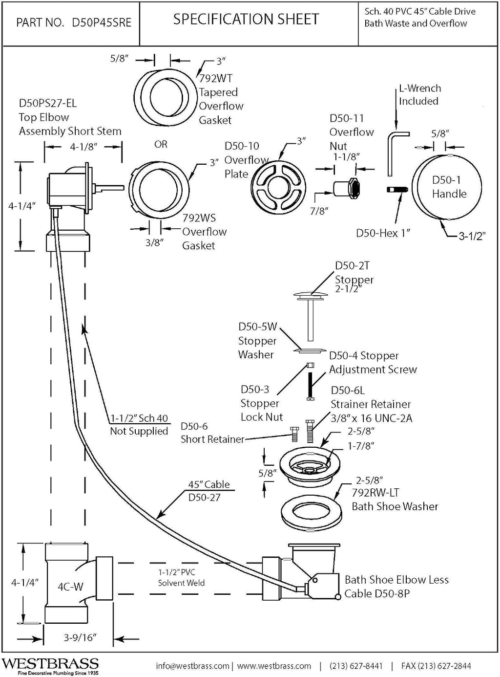 Westbrass D50P45SRE-62 45' Cable Drive Bathtub Drain Trim with Rotary Overflow Cover Knob, Pop-Up Stopper SCH. 40 PVC Fittings, Matte Black